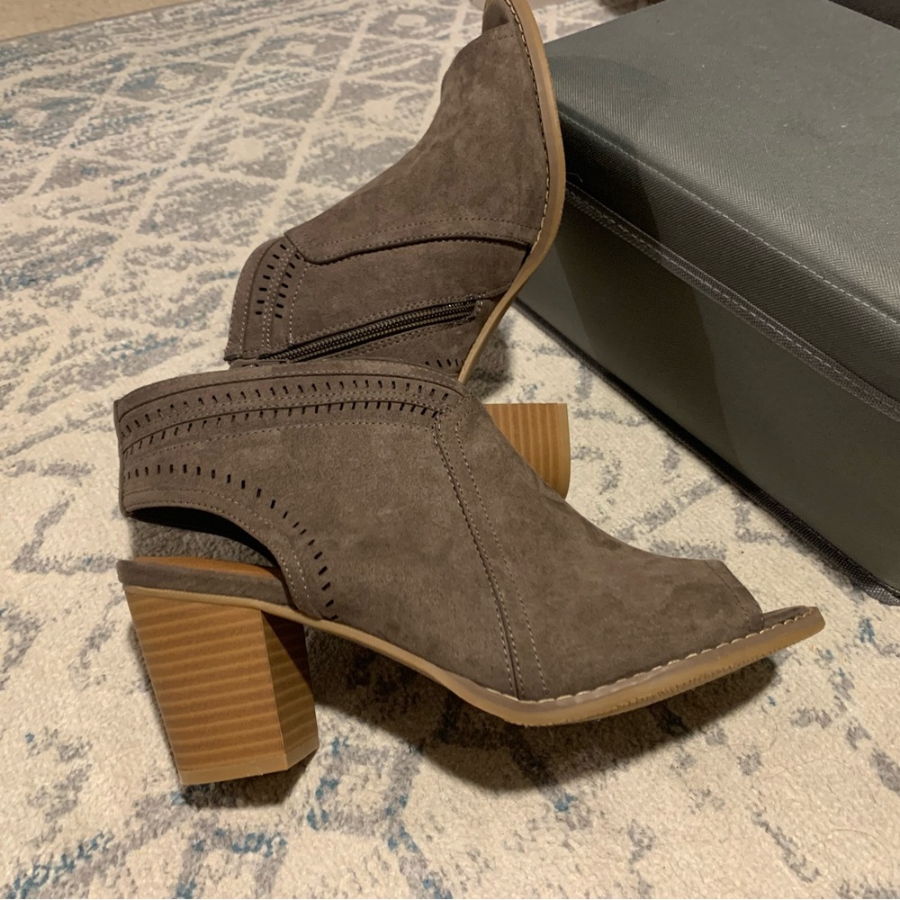 Sonoma Taupe Suede Peep-Toe Block Heel Booties